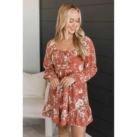 Blu Pepper Dresses & Skirts - Blu Pepper Dress Terracotta Multi Floral Square Neck Tie Waist Ruffle Mini Large